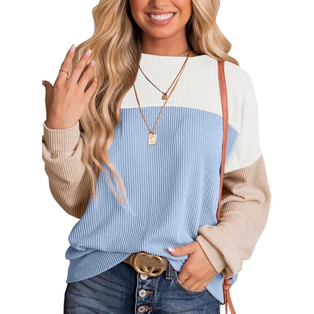 Womens Long Sleeve Color Block Crewneck Knit Casual Loose Pullover Top